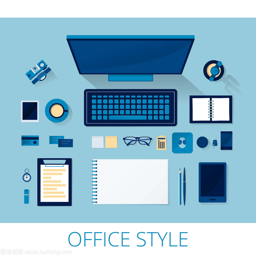 井然有序，高效之源 一套頂視圖下的矢量辦公用品組合